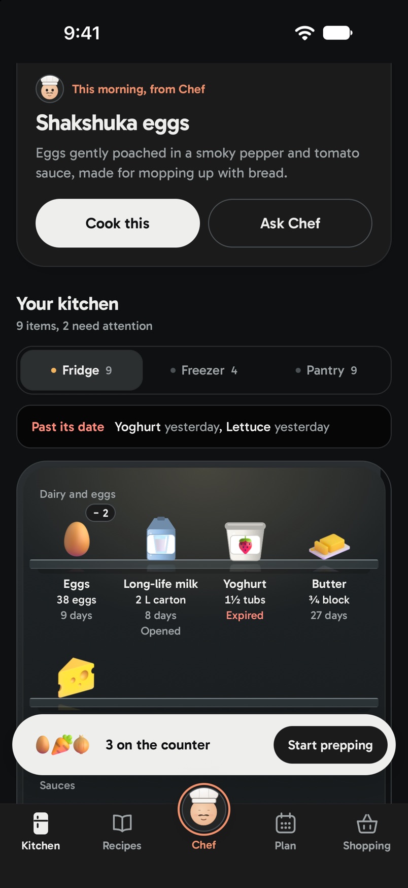 The fridge cabinet in dark mode, with its shelves and a line saying which food is past its date