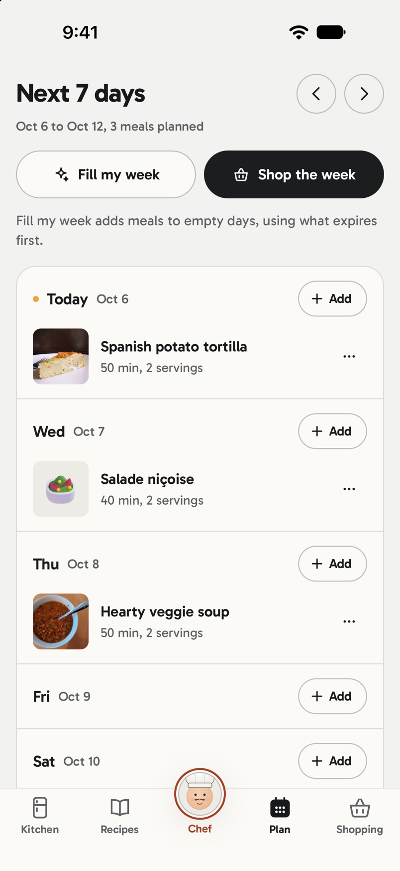 A seven-day meal plan with three dinners filled in