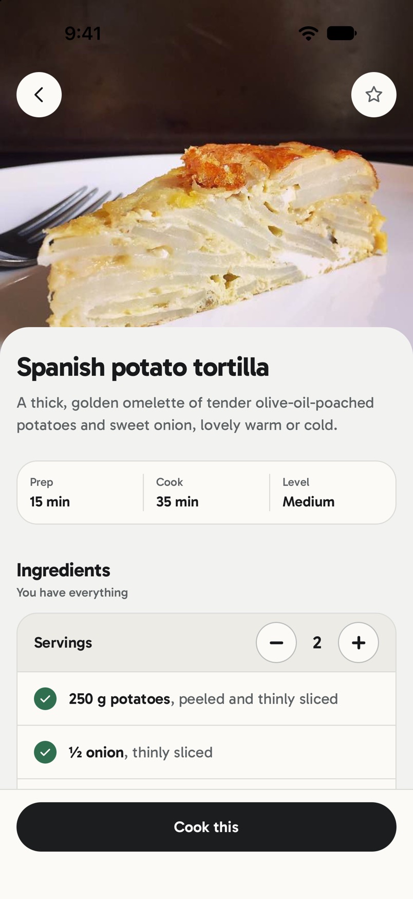 The Mealwick recipe page for Spanish potato tortilla: 15 minutes prep, 35 minutes cook, and a note saying you have everything