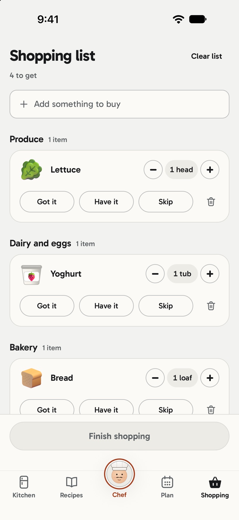 A shopping list with Got it, Have it and Skip buttons on each row