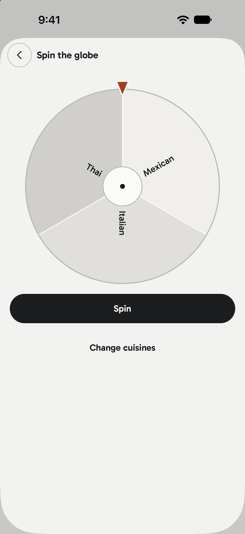Spin the globe: a wheel with Thai, Mexican and Italian segments and a Spin button